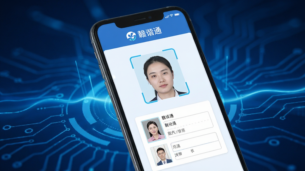 手机屏幕显示“赣谐通”实名认证页面,页面中有人脸识别框和身份证信息填写区域,背景为科技感蓝色光效,风格安全稳重,画质清晰,干净,无多余元素