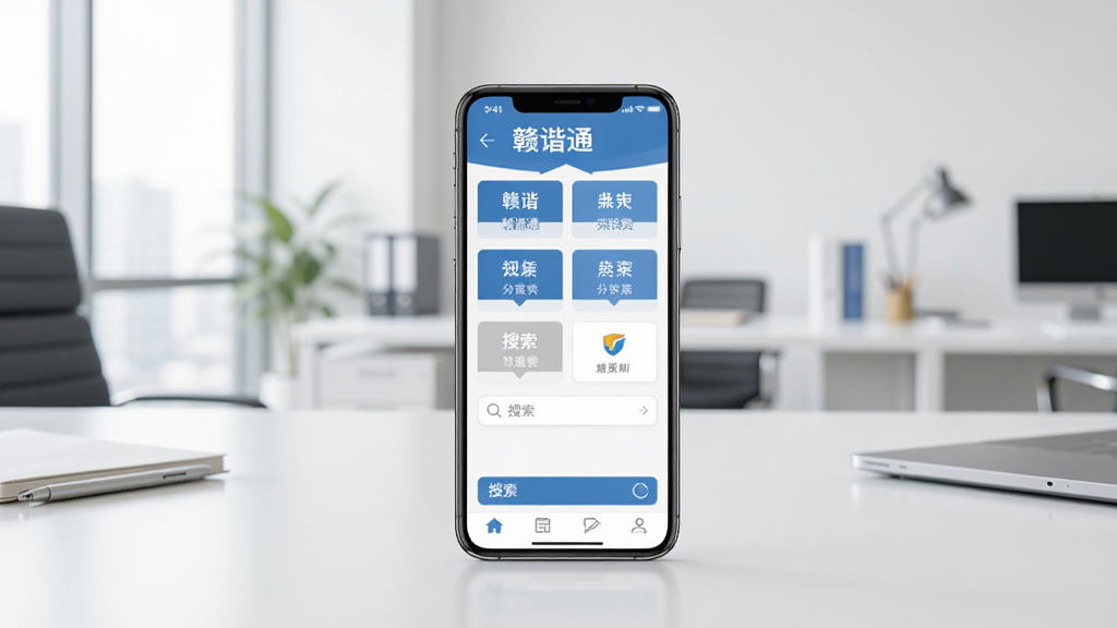 一部手机立在桌面上,屏幕内显示“赣谐通”政务办事大厅页面,页面中有清晰的分类标签和搜索框,背景为明亮的办公室环境,桌面整洁,风格商务简约,画质清晰,干净,无多余元素