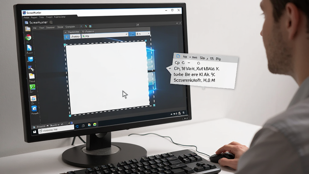 画面展示一名用户在 Windows 电脑前使用 ScreenHunter 进行区域截图操作,屏幕上可见虚线选框和工具栏,旁边有快捷键提示浮层,风格写实办公场景,细节包括显示器、键盘、软件界面、光标状态,画质清晰,干净无多余元素