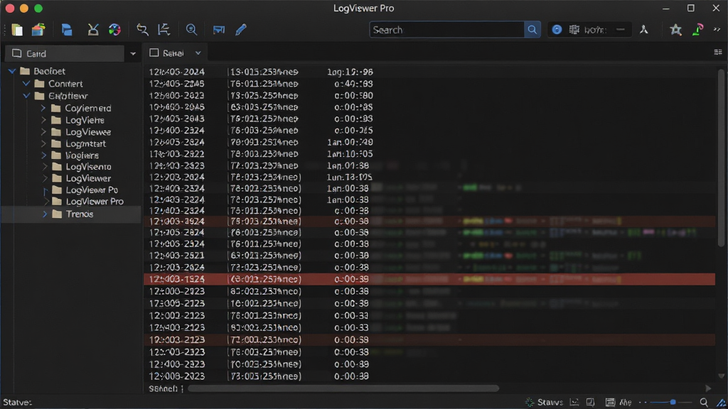 LogViewer Pro 软件主界面全貌展示,主体为一块宽大的深色主题日志查看窗口,窗口内整齐排列着带时间戳与日志级别的文本行,布局采用左侧文件树加右侧内容区的经典结构,排版紧凑专业,风格为现代科技感深色UI,细节包含顶部工具栏、搜索框、底部状态栏以及高亮显示的错误日志行,画质高清,干净,无多余元素