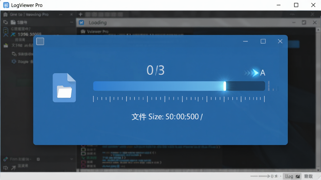 LogViewer Pro 软件正在加载一个巨大的日志文件,主体为进度条与文件大小信息显示在软件界面中央,布局为居中弹窗样式,排版简洁清晰,风格为扁平化科技蓝调配色,细节包含文件图标、数字刻度、加载动画光效,画质高清,干净,无多余元素