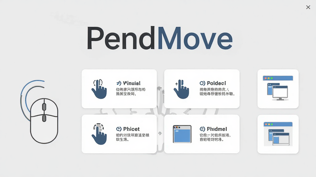 软件功能展示图,画面主体为 PendMove 软件名称文字,下方排列多个手势图标与对应操作说明的卡片式布局,左侧显示鼠标划动轨迹示意图,右侧显示窗口操作图标,背景为浅灰色,风格为清爽扁平化 UI 设计,细节包含箭头、齿轮、窗口缩略图等元素,画质清晰,画面干净整洁,无多余装饰