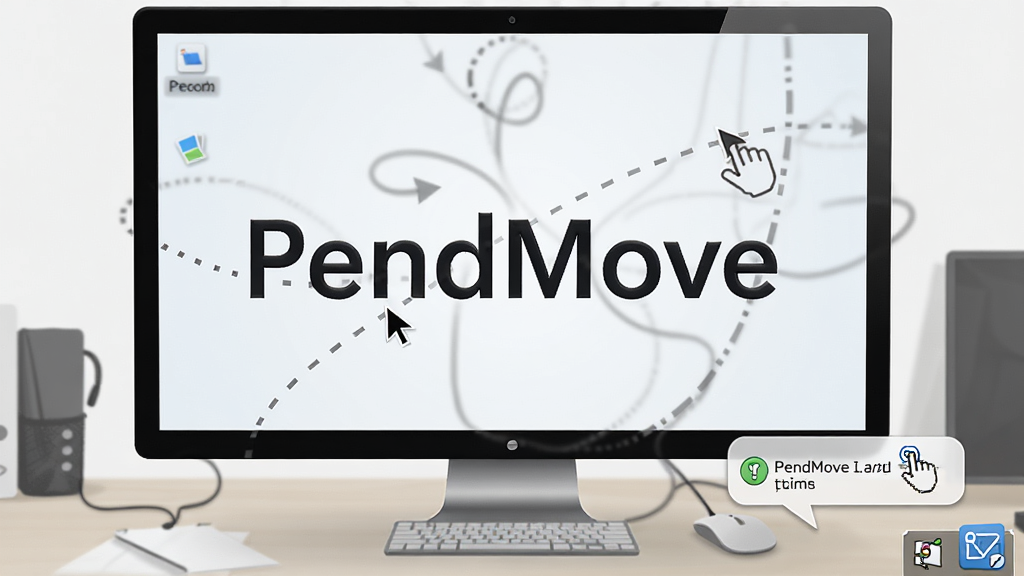PendMove 软件运行状态示意图,画面主体为电脑桌面场景,屏幕右下角显示软件托盘图标与手势触发提示气泡,中央为 PendMove 文字标识,背景为简洁办公桌面,风格为写实数字插画,细节包含鼠标指针与轨迹线条,画质清晰,画面干净,无多余元素
