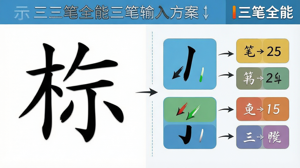 一张展示三笔全能三笔输入方案原理的示意图,画面主体为汉字拆解为笔画与字根的流程图,布局采用左右分栏,左侧为汉字示例,右侧为对应按键提示,排版清晰直观,风格为教育类信息图,细节包含笔画箭头、字根色块、软件名称“三笔全能”标识,画质高清,干净无多余元素