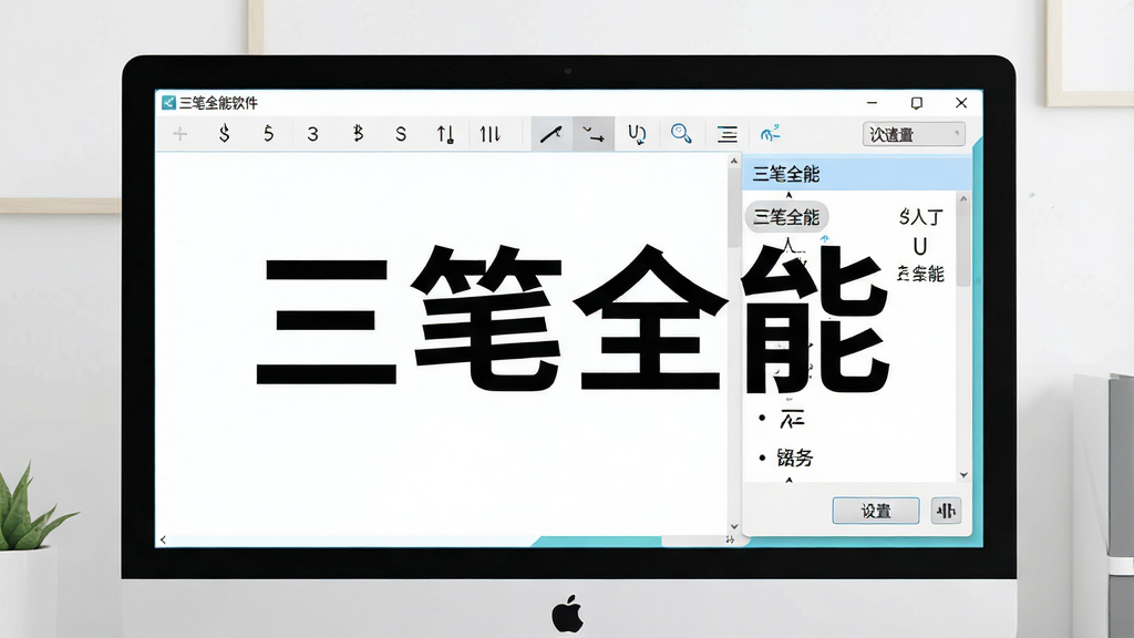 一张展示三笔全能软件主界面的图片,画面主体为电脑屏幕上的输入法状态栏与候选词面板,布局采用居中构图,屏幕周围有简洁的桌面背景,排版突出软件名称“三笔全能”字样,风格为现代科技感扁平化设计,细节包含候选词列表、笔画提示图标、设置按钮,画质为高清4K,干净无多余元素