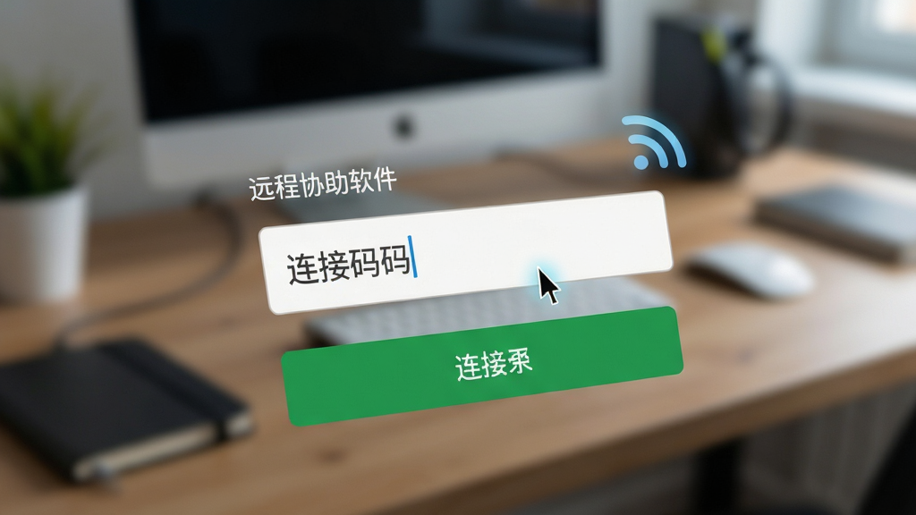 EV远程协助软件连接界面特写,画面主体是连接码输入框和绿色连接按钮,背景是模糊的办公桌场景,布局突出输入区域,排版简洁,风格现代科技感,细节包含光标闪烁效果和网络信号图标,画质清晰,画面干净,无多余元素