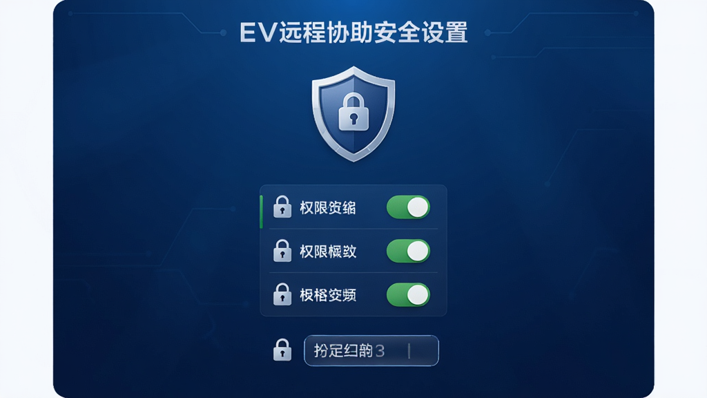 EV远程协助安全设置面板,画面中央是盾牌图标和权限开关列表,背景是深蓝色渐变,布局垂直排列,排版清晰,风格安全可信,细节包含锁形图标和验证码输入框,画质高清,画面干净,无多余元素