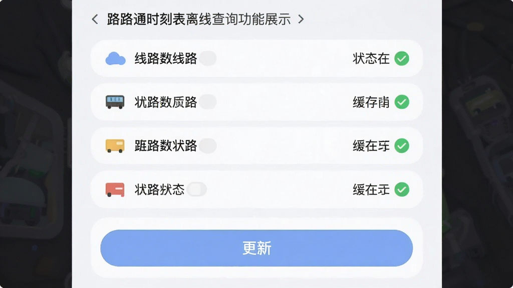 路路通时刻表离线查询功能展示,主体为软件界面中离线数据包管理页面,布局上方为已缓存线路列表下方为更新按钮,排版纵向排列,风格为柔和圆角设计,细节包括线路名称、缓存状态图标,画质高清干净无多余元素