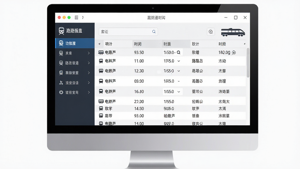 路路通时刻表软件主界面展示,主体为电脑屏幕中打开的查询窗口,布局左侧为功能导航菜单右侧为时刻表数据列表,排版整洁清晰,风格为现代简约商务风,细节包括列车图标、时间数字、站名文字,画质高清干净无多余元素