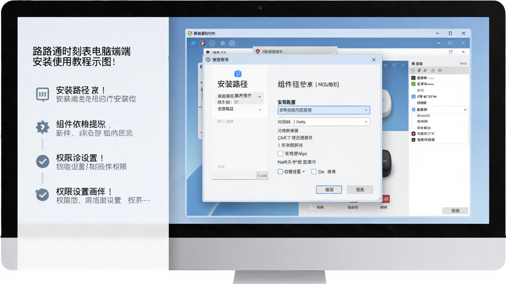 路路通时刻表电脑端安装使用教程示意图,主体为电脑屏幕显示软件安装向导界面,布局左侧为安装步骤提示右侧为软件操作界面,排版清晰有序,风格为素雅极简,细节包括安装路径选择、组件依赖提示、权限设置选项,画质高清干净无多余元素