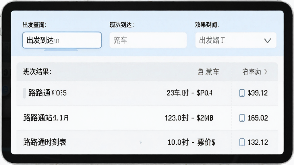 路路通时刻表站站查询功能界面,主体为软件查询框与结果列表,布局上方为出发到达输入框下方为班次结果,排版左右分栏,风格为清爽浅色系,细节包括站名文字、发车时间、票价信息,画质清晰干净无多余元素