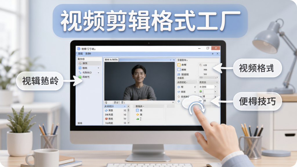 视频剪辑格式工厂使用技巧示意图,画面中显示电脑屏幕上的软件界面,旁边有手指点击操作提示和参数标注,背景为简洁办公桌面,顶部有“视频剪辑格式工厂”标识,风格柔和圆角,画质清晰。