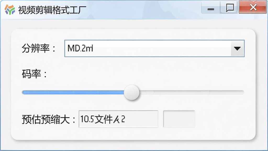 视频剪辑格式工厂视频压缩参数设置面板,面板中显示分辨率下拉菜单、码率滑块和预估文件大小,背景为浅色卡片式布局,顶部有软件名称“视频剪辑格式工厂”,风格清新浅色,画质细腻。