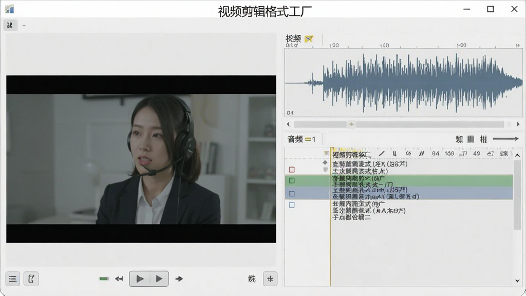 视频剪辑格式工厂音频提取与字幕编辑界面,画面左侧为视频预览,右侧显示音频波形和字幕轨道,顶部有“视频剪辑格式工厂”字样,整体风格素雅极简,浅灰底色,画质清晰干净。