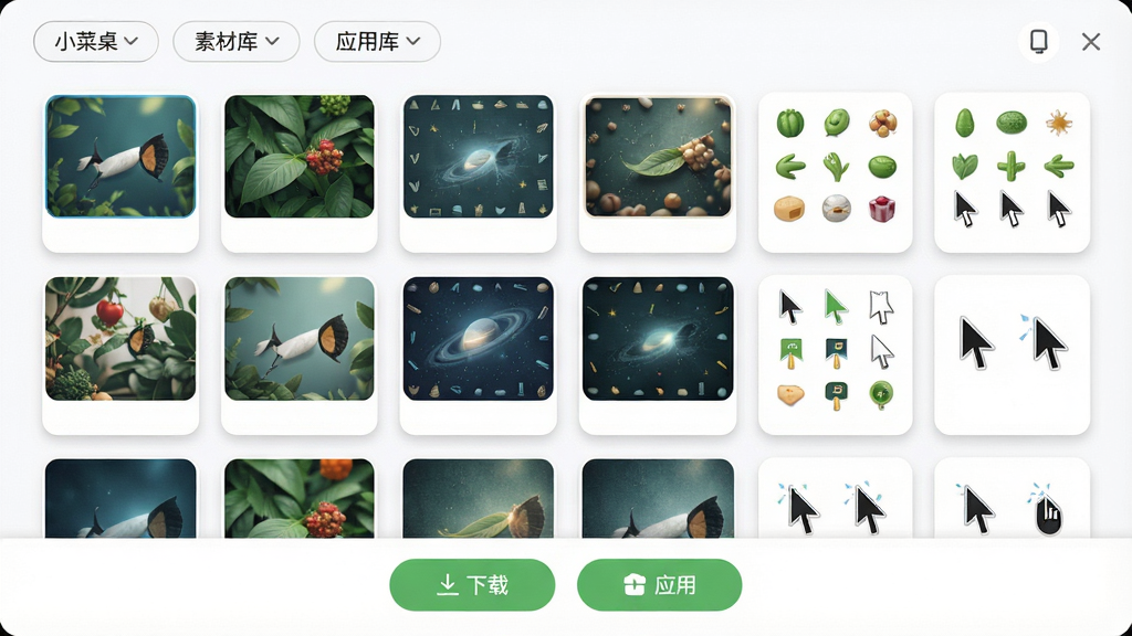 一张展示小菜桌面美化素材库的界面图,画面中是一个网格状排列的素材预览面板,包含多张不同风格的壁纸缩略图、图标包预览和鼠标指针样式,面板顶部有分类筛选标签,底部有下载和应用按钮,整体布局整齐有序,风格为清新明亮的卡片式设计,细节上每张素材卡片带有圆角和阴影效果,画质高清,干净整洁,无多余元素