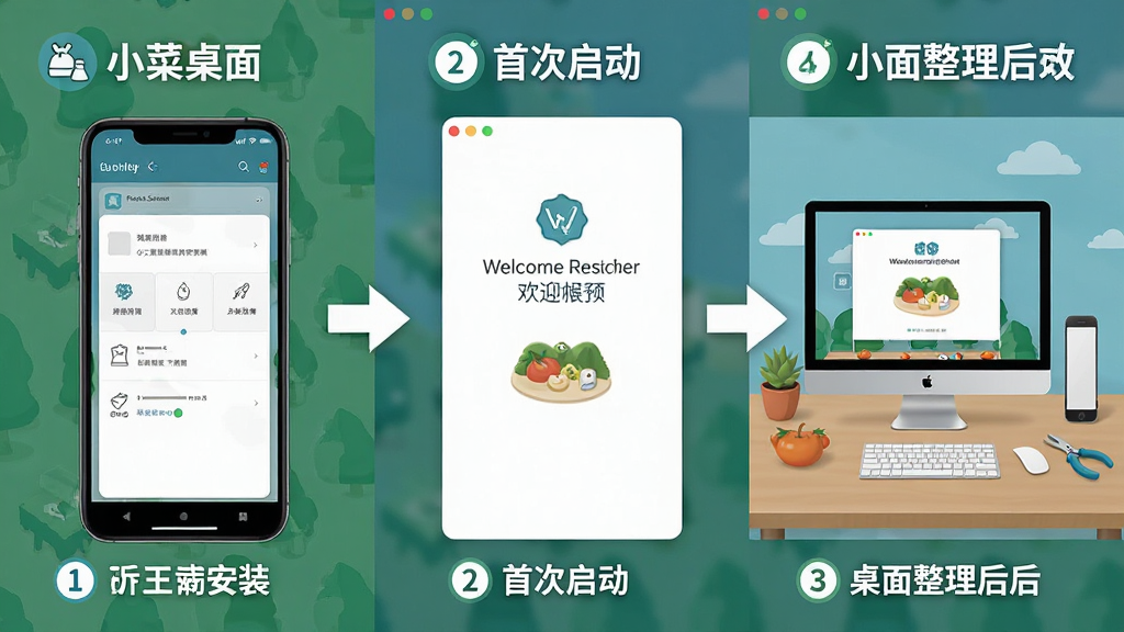 一张展示小菜桌面新手操作步骤的示意图,画面分为三个部分,左侧是下载安装界面,中间是首次启动的欢迎页面,右侧是桌面整理后的效果展示,每个部分用箭头连接表示流程,整体布局从左到右依次排列,风格为教程类信息图设计,细节上每个步骤带有编号和简短文字说明,画质高清,干净整洁,无多余元素