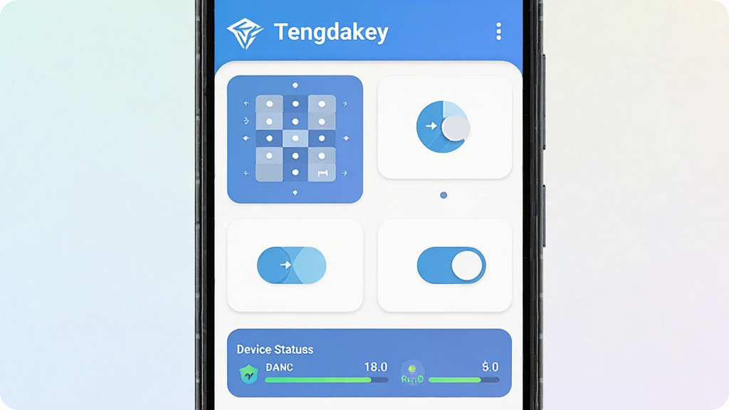 主体为一部安卓手机屏幕显示 Tengdakey 应用主界面,布局为手机正面居中展示,排版为屏幕内呈现功能卡片与开关按钮,风格为现代科技感扁平化设计,细节为界面顶部显示 Tengdakey 文字标识、中部有按键映射与快捷操作图标、底部有设备状态监测条,画质为高清干净无多余元素,背景为浅色渐变