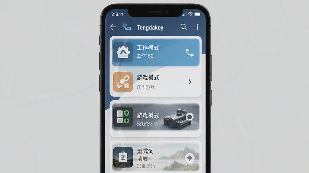 主体为安卓手机屏幕显示 Tengdakey 多场景配置切换界面,布局为手机居中,排版为卡片式场景列表纵向排列,风格为现代卡片式UI设计,细节为屏幕上有 Tengdakey 字样、工作模式与游戏模式等场景卡片、每张卡片配有小图标,画质为高清干净无多余元素