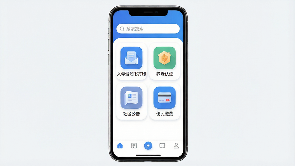 一款名为“宜格服务”的手机应用主界面,画面中央展示简洁的蓝色与白色搭配的APP首页,顶部有搜索栏,中部排列着“入学通知书打印”“养老认证”“社区公告”“便民缴费”等功能图标,底部为导航栏;布局采用竖版手机屏幕比例,排版整洁有序;风格为现代扁平化UI设计,细节包含圆角图标、柔和阴影、清晰文字标注;画质高清,画面干净,无多余元素