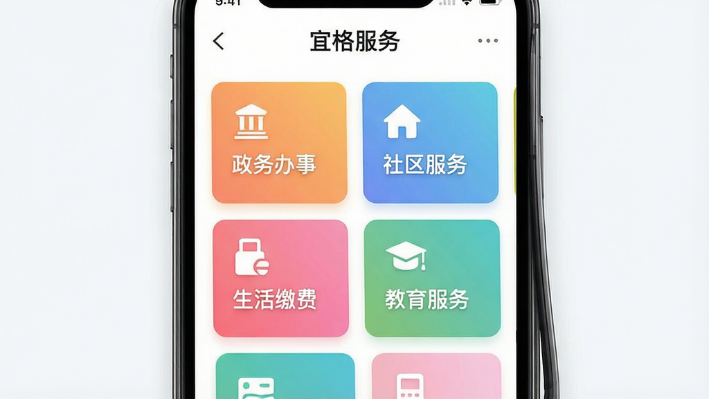 手机屏幕中展示“宜格服务”的一站式服务大厅界面,画面主体为多个彩色功能卡片整齐排列,卡片上标注“政务办事”“社区服务”“生活缴费”“教育服务”等字样;布局采用网格状排版,风格为清新简约的扁平化设计,细节包含柔和的渐变底色与清晰的图标;画质高清,画面干净,无多余元素