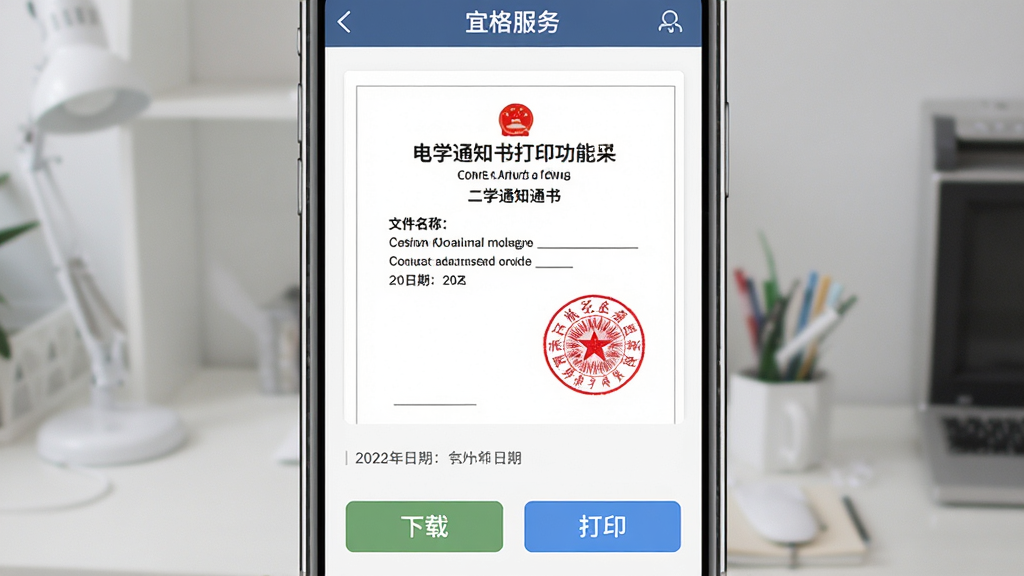 展示“宜格服务”APP中入学通知书打印功能页面,画面主体为手机屏幕显示一份带有红色印章的电子入学通知书,下方有“下载”和“打印”按钮;布局为竖版手机界面,排版突出通知书预览区域;风格为正式且清晰的文档展示风格,细节包含文件名、日期和操作按钮;画质高清,画面干净,无多余元素