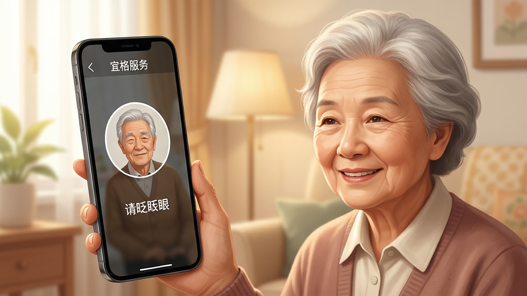 手机界面展示“宜格服务”养老认证功能,画面主体为一位老年用户正面对手机屏幕进行人脸识别,屏幕上有圆形取景框和“请眨眨眼”提示文字;布局为竖版手机界面,排版聚焦识别区域;风格为温馨亲和的写实插画风格,细节包含柔和的室内光线和老人微笑的表情;画质高清,画面干净,无多余元素