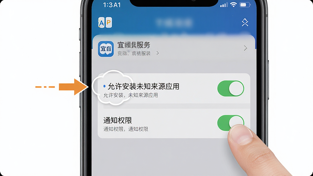 手机屏幕显示“宜格服务”APP的权限设置界面,画面主体为“允许安装未知来源应用”和“通知权限”两个开关按钮,旁边有手指点击的指示;布局为竖版手机界面,排版突出设置项;风格为清晰的操作指引图,细节包含系统设置图标和文字说明;画质高清,画面干净,无多余元素