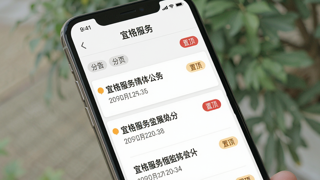 展示“宜格服务”社区公告页面,画面主体为手机屏幕显示多条公告列表,每条公告带有标题、日期和“置顶”标签;布局为竖版手机界面,排版为清晰的列表式;风格为简洁明快的资讯阅读风格,细节包含未读标记和分类标签;画质高清,画面干净,无多余元素