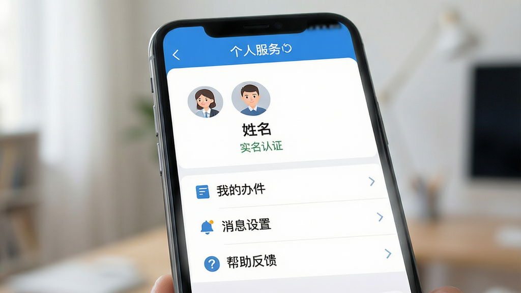 手机屏幕展示“宜格服务”个人中心页面,画面主体为用户头像、姓名、实名认证状态以及“我的办件”“消息设置”“帮助反馈”等菜单项;布局为竖版手机界面,排版采用分组列表形式;风格为清爽简洁的工具类应用设计,细节包含图标和箭头指示;画质高清,画面干净,无多余元素