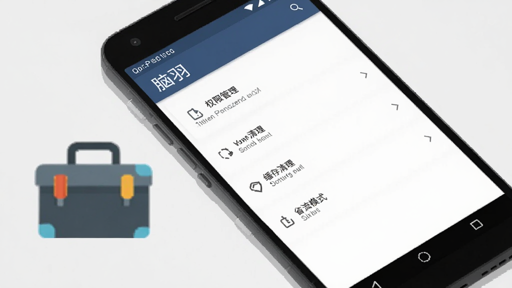 画面为一部安卓手机的特写,屏幕上显示「脑羽」APP的设置界面,有权限管理、缓存清理、省流模式等选项,手机旁边放置一个工具箱图标,背景为浅灰色,风格为扁平化教程插画,布局清晰,细节简洁,画质高清,干净无多余元素