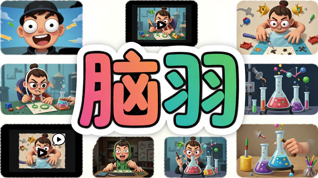 画面主体为「脑羽」软件名称的彩色艺术字,周围环绕着各种创意视频画面小窗口,有搞怪表情、手工制作、科学实验等场景,布局为放射状排列,风格为活泼的卡通插画,色彩鲜艳明快,细节清晰,画质高清,干净无多余元素