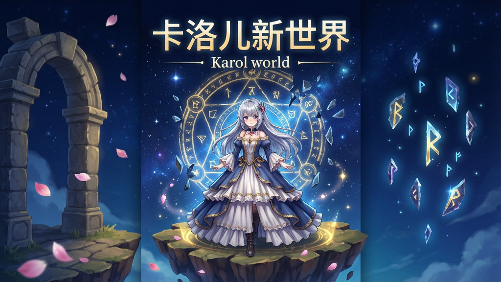 一幅奇幻风格的竖版游戏宣传图,画面中央是一位身着华丽长裙的银发少女站在漂浮岛屿边缘,身后是璀璨的星空与破碎的魔法阵,画面左侧有古老的石质拱门,右侧漂浮着发光的符文碎片,整体采用深蓝与金色为主色调,布局为上下结构,上方留白区域用发光字体写着“卡洛儿新世界”,下方用较小字体写着“Karol world”,风格为二次元奇幻插画,细节包含飘落的花瓣、闪烁的粒子光效、衣摆的褶皱纹理,画质高清精致,画面干净无多余元素
