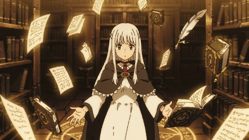 一位银发少女站在古老图书馆中央,周围漂浮着发光的魔法书页,画面采用暖黄色与深棕色交织的色调,布局为居中构图,风格为日系奇幻动画场景,细节包含书架上的古老典籍、悬浮的羽毛笔、地面上的魔法阵纹路,画质细腻柔和,画面干净无多余元素