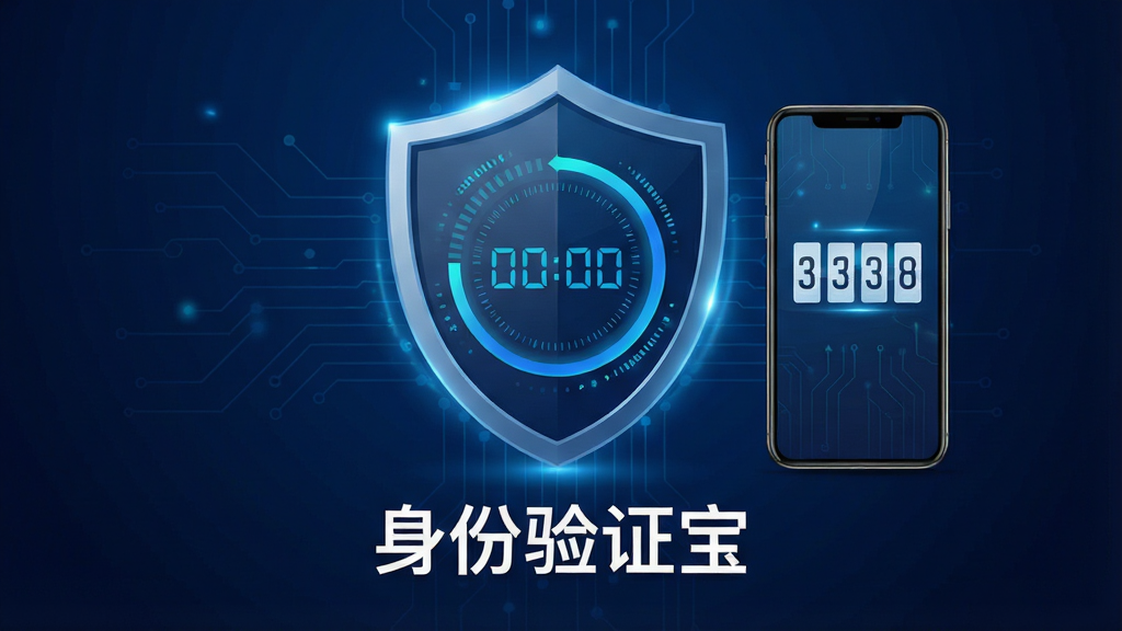 一张以深蓝色科技感为背景的图片,画面中央是一个盾牌形状的图标,盾牌内部有动态数字倒计时圆圈,旁边放置一部智能手机,手机屏幕显示着六位数动态验证码,图标下方用白色字体写着“身份验证宝”,整体布局简洁明了,风格现代安全,细节上带有细微的电路纹理与光晕效果,画质高清,干净无多余元素。