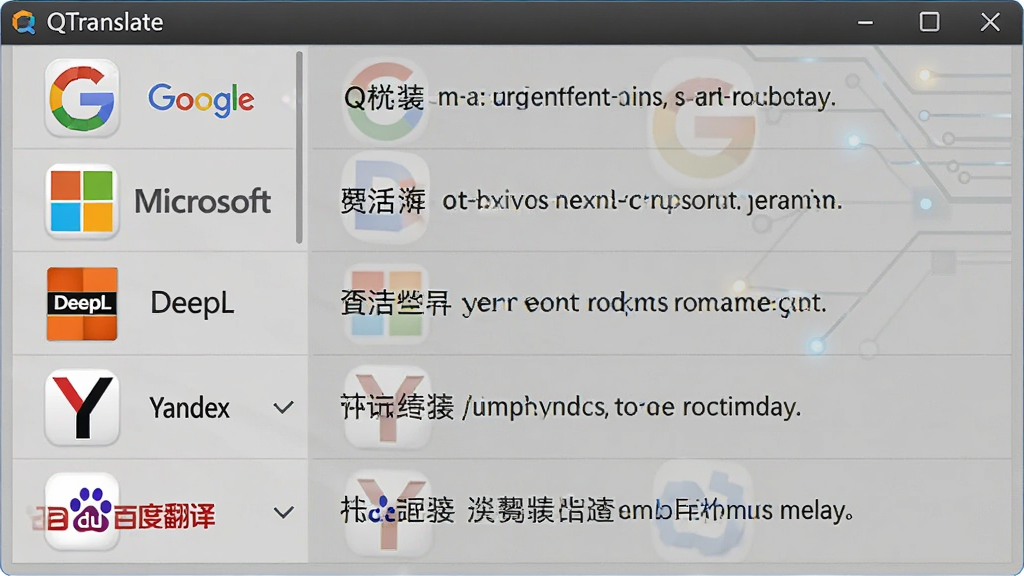 画面中央是 QTranslate 软件的多引擎翻译结果窗口,左侧列出 Google、Microsoft、DeepL、Yandex、百度翻译等引擎图标,右侧对应显示同一句英文的不同中文译文,布局为左右分栏式,排版工整,风格为扁平化商务科技风,细节包括引擎图标的高光质感和译文文字清晰可读,画质锐利干净,无多余元素