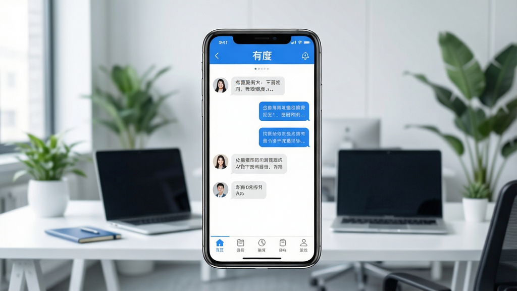 一张展示企业移动协同办公场景的图片,画面中央是一部智能手机,屏幕上显示着有度APP的聊天界面,界面中有头像、消息气泡和底部导航栏,背景是现代化的办公室环境,有办公桌、笔记本电脑和绿植,整体风格简洁商务,色彩以蓝白色为主,画质清晰,干净,无多余元素,图中文字为“有度”。