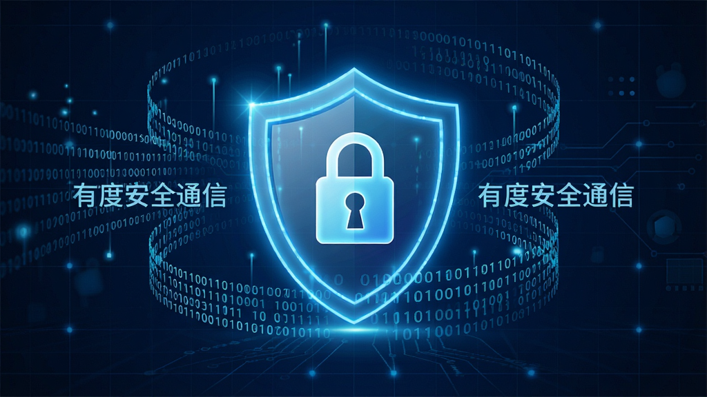 一张表现安全通信概念的图片,画面中央是一个发光的盾牌图标,盾牌内部有一个锁形图案,盾牌周围环绕着流动的数据流和二进制代码,背景是深蓝色科技感网格,风格现代科技,细节丰富,画质清晰,干净,无多余元素,图中文字为“有度安全通信”。