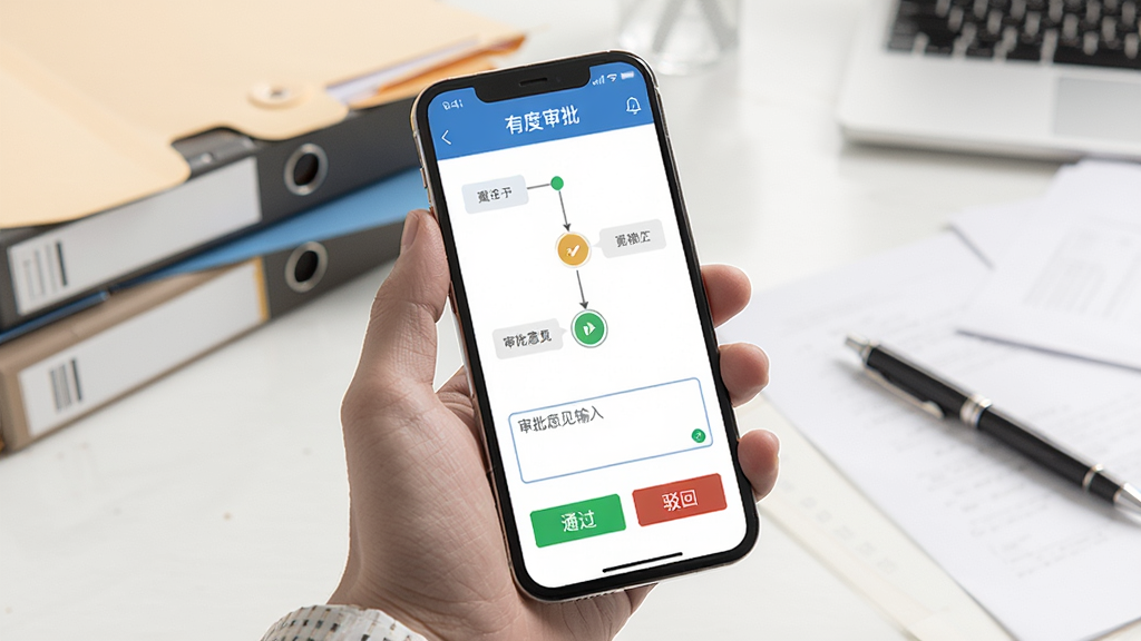 一张展示移动审批流程的图片,画面中一只手拿着手机,手机屏幕上显示着有度APP的审批界面,有流程节点、审批意见输入框和通过/驳回按钮,背景是办公桌面,有文件夹和笔,风格简洁商务,画质清晰,干净,无多余元素,图中文字为“有度审批”。