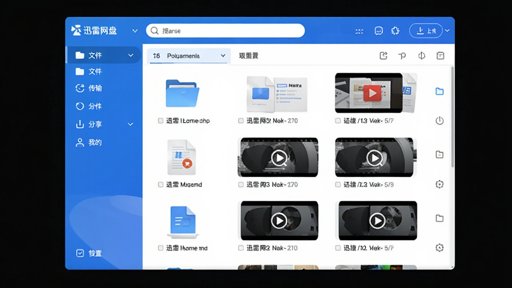 迅雷网盘软件界面全貌展示,画面中央是迅雷网盘主界面,左侧为功能导航栏包含文件、传输、分享、我的等模块,右侧为文件列表区域展示各类文档与视频缩略图,顶部有搜索框与上传按钮,整体布局清晰,风格简洁现代,蓝色主色调搭配白色背景,细节丰富,画质清晰,干净无多余元素