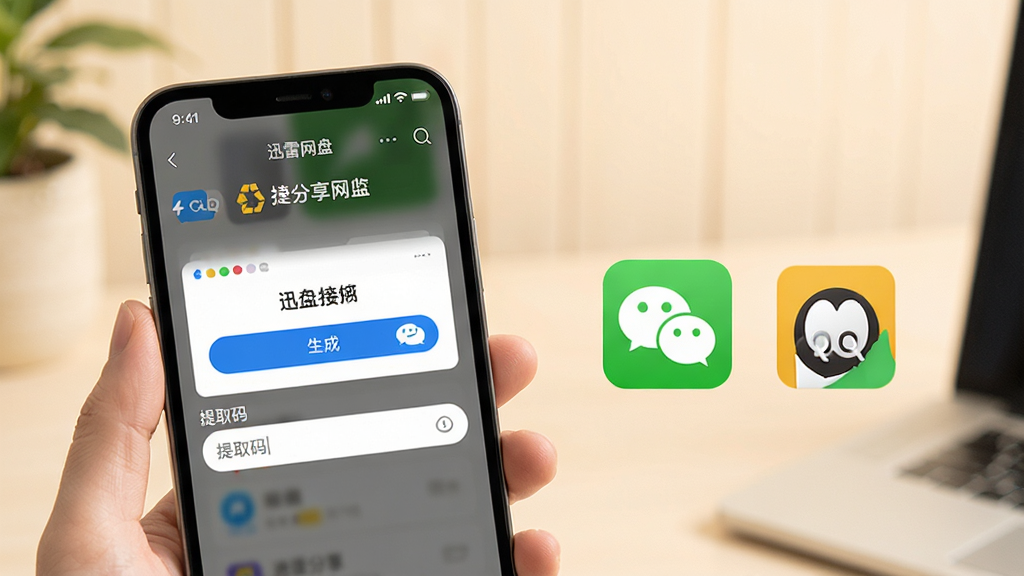 迅雷网盘便捷分享协作场景图,画面展示一部手机屏幕上显示迅雷网盘分享界面,有链接生成按钮和提取码输入框,旁边有微信和QQ的图标表示分享渠道,背景为浅色温馨色调,风格生活化,细节清晰,画质高清,干净无多余元素