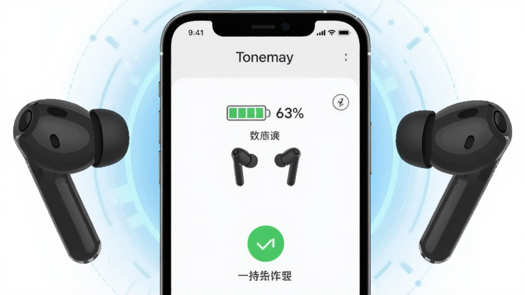 一部手机屏幕显示Tonemay APP的耳机连接界面,画面中有两只无线耳机悬浮在手机两侧,界面显示电量百分比和连接成功标识,背景为淡蓝色科技感光晕,风格简约扁平化,细节清晰,画质干净,图中文字“Tonemay”