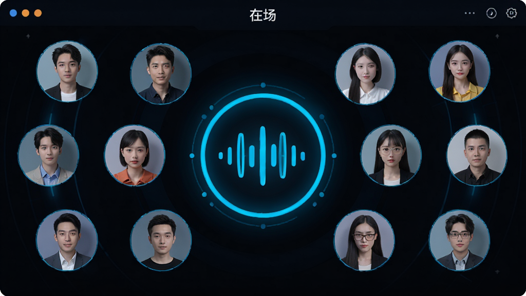 软件“在场”语音聊天室界面,画面展示多个用户头像围绕圆形声波图标,背景是深色模式,有荧光蓝点缀,布局对称,风格科技感,细节清晰,画质干净无多余元素