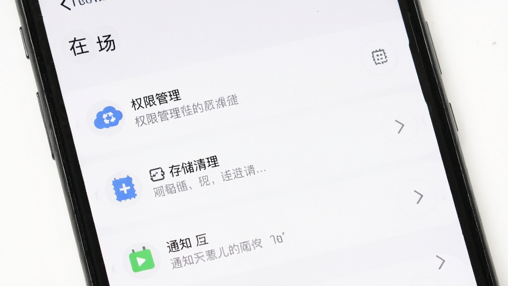 手机屏幕显示“在场”应用设置界面,包含权限管理、存储清理和通知选项,背景是纯白色,布局整洁,风格简约,细节清晰,画质干净无多余元素