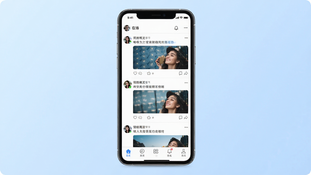 软件“在场”主界面预览图,画面中央是手机屏幕,屏幕内展示社交动态流与底部导航栏,背景是柔和的浅蓝色渐变,风格简洁现代,细节清晰,画质干净无多余元素