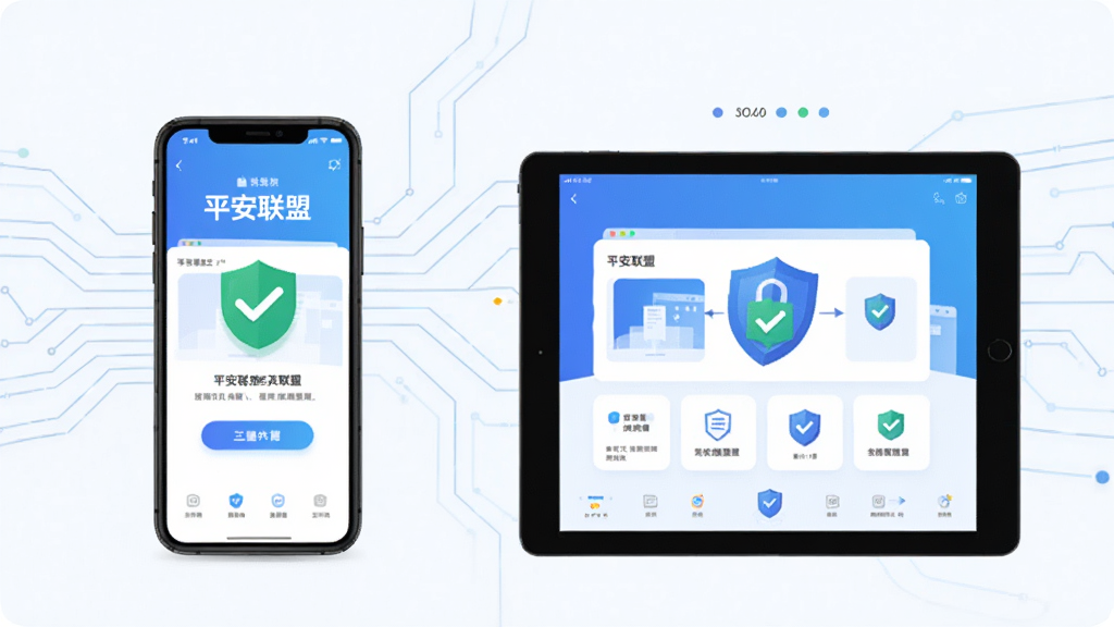 画面展示“平安联盟”APP在手机与平板设备上的安装与运行示意图,画面左侧为手机安装界面,右侧为平板使用界面,背景为简洁的科技线条,风格为扁平化信息图,细节上带有对勾与盾牌图标,画质为高清,画面干净,无多余元素