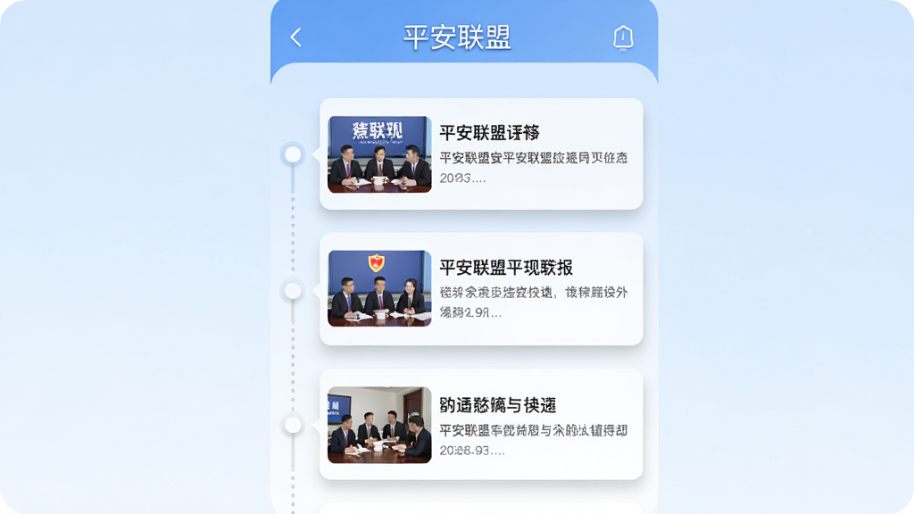 画面主体为“平安联盟”APP的资讯列表页面,页面布局采用上下滑动的时间线设计,每条资讯配有缩略图与标题,背景为淡蓝色渐变,风格为简洁明快的UI展示图,细节上资讯卡片有轻微投影,字体清晰,画质为超清,画面干净,无多余元素