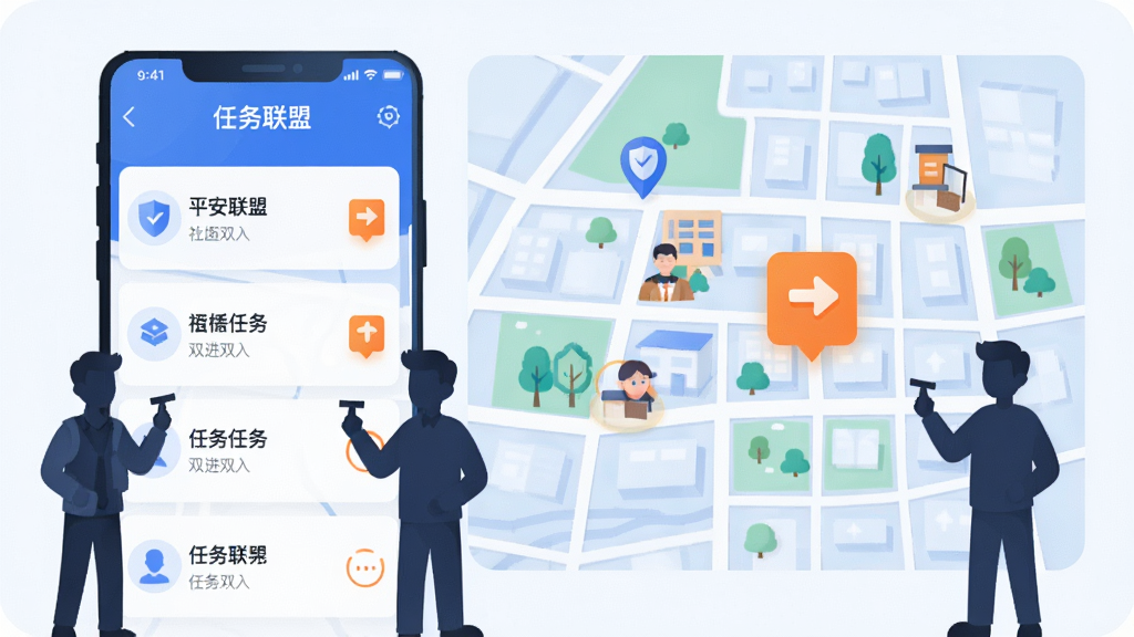 画面展示“平安联盟”APP内的双进双入功能界面,画面中有虚拟的社区网格地图与任务打卡图标,人物以卡通剪影形式呈现,布局为左右分栏,左侧为任务列表,右侧为地图视图,风格为扁平化商务插画,细节上色彩以蓝白为主,点缀少量橙色高亮,画质为高清,画面干净,无多余元素