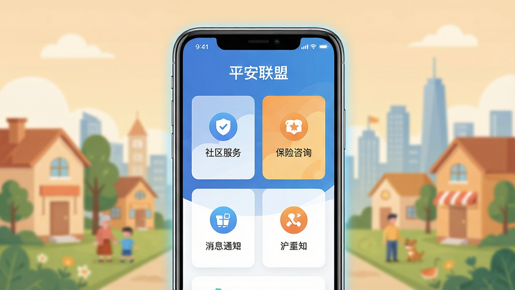 画面中央展示一部智能手机,手机屏幕内显示“平安联盟”APP的主界面,界面包含社区服务、保险咨询、消息通知等模块图标,背景为温馨的社区场景与城市剪影,排版采用居中对称构图,风格为现代扁平化科技感,细节上手机边缘有柔和光晕,屏幕内文字清晰可见,画质为高清4K,画面干净,无多余元素