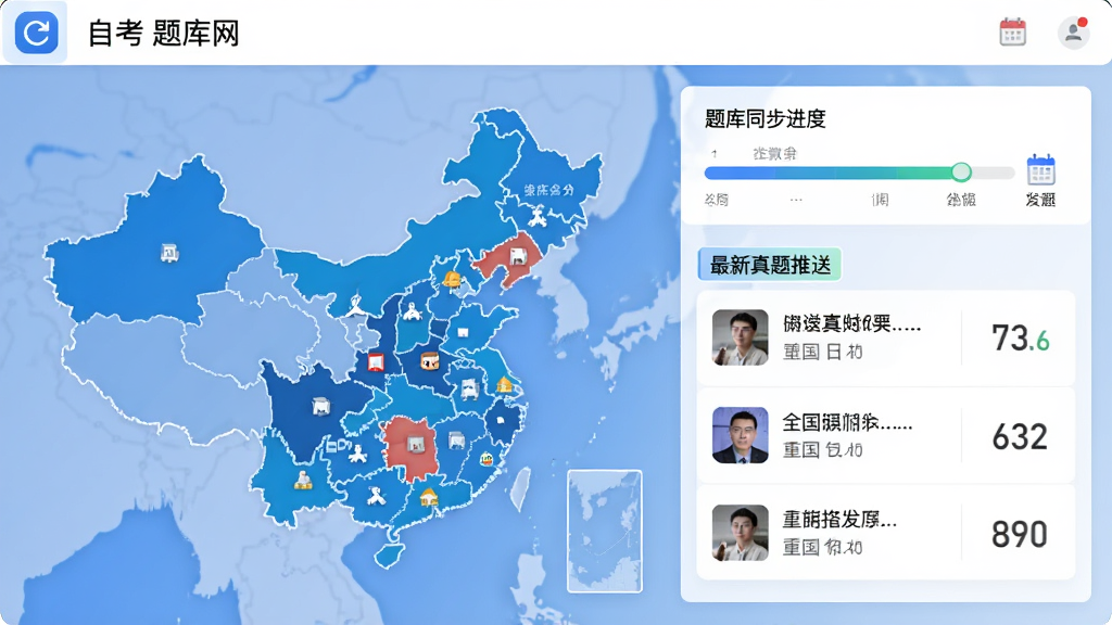 自考题库网 题库更新界面 展示 全国各省份地图 题库同步进度条 最新真题推送列表 布局为地图加列表 排版左图右文 风格为科技教育风 细节包含刷新图标 日历标签 数字统计 画质清晰 干净 无多余元素