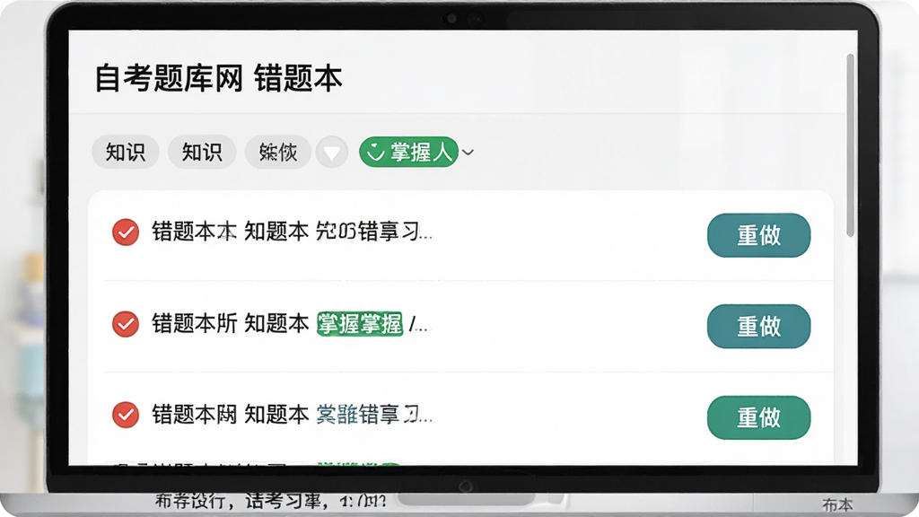 自考题库网 错题本界面 展示 错题列表 知识点标签 重做按钮 布局为列表式 排版左对齐 风格为简约学习风 细节包含红色错题标记 绿色掌握标记 画质清晰 干净 无多余元素